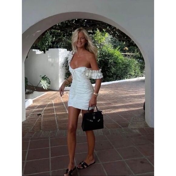 NWOT Zara Blogger’s Favorite Linen Blend Ruched Ruffled Tie Front Mini Dress - Picture 5 of 16